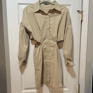 SHEIN Beige Shirt Dress with Cut-Out Detail